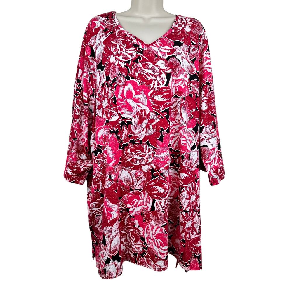 NEW Catherines Knit Blouse Top Abstract Floral 3/4 Sleeve Red 3X Resort Vacation